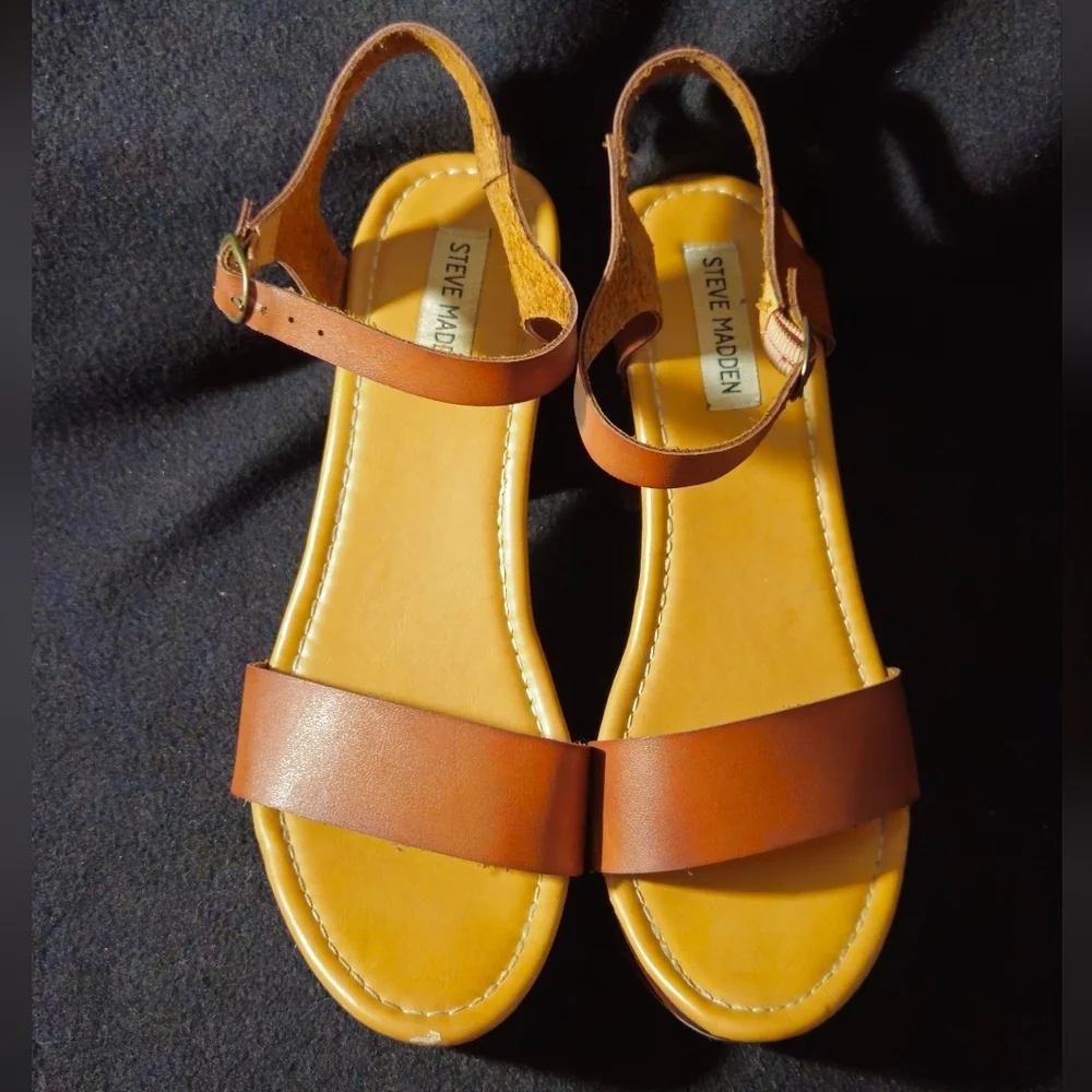 Steve Madden Cognac Brown Platform Wooden Chunky Heel Sandals - Size 10